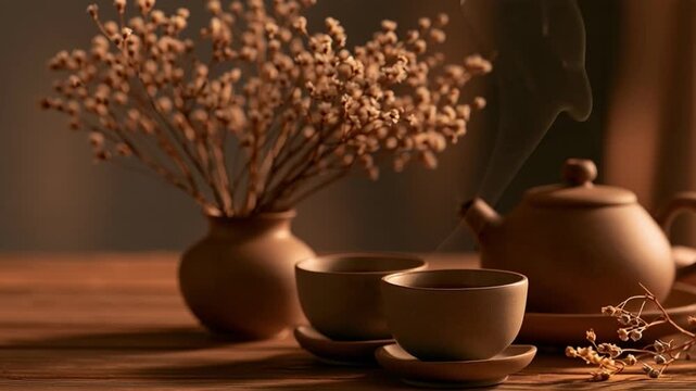 Serene Tea Ceremony: A tranquil scene featuring a warm, earthy toned teapot and two matching cups on a wooden surface, accompanied by delicate dried flowers in a vase.