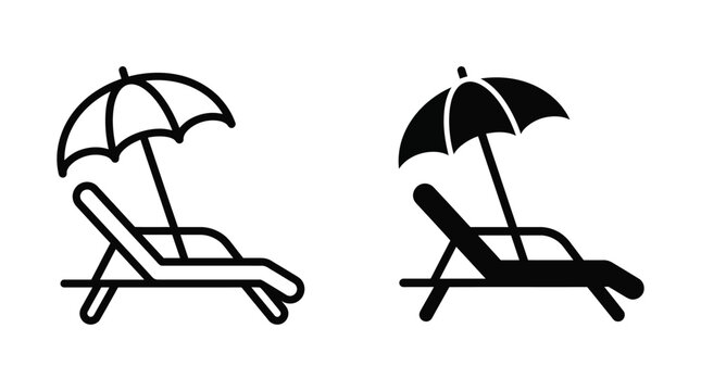 Sunbed and beach umbrella vector icons in outline and solid style