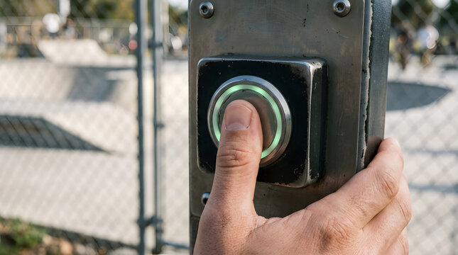 Human thumb pressing a glowing green button on a metal kiosk reader