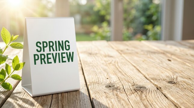 White sign with Spring Preview text sits on rustic wooden table with green leaves