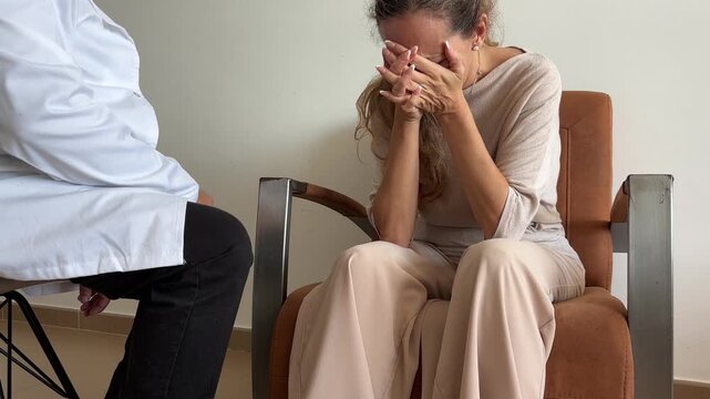 Mujer llorando durante una sesi&oacute;n de terapia mientras recibe apoyo