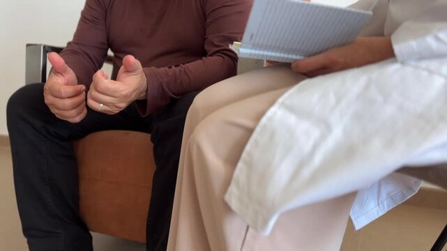 Terapeuta tomando notas mientras escucha al paciente en terapia