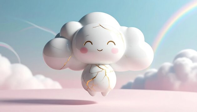Cute cartoon cloud character with rainbow.