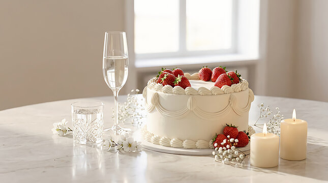 Strawberry topped cake with lit candles sits on a marble table indoors