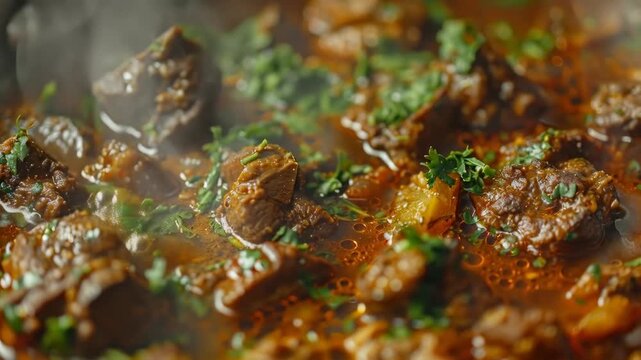 Close-up of Steaming Braised Meat Stew with Herbs