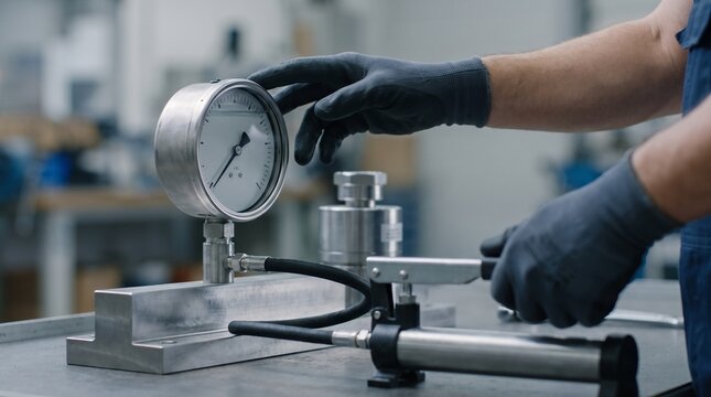 Technician in black gloves performing a pressure test on industrial equipment for quality control and calibration