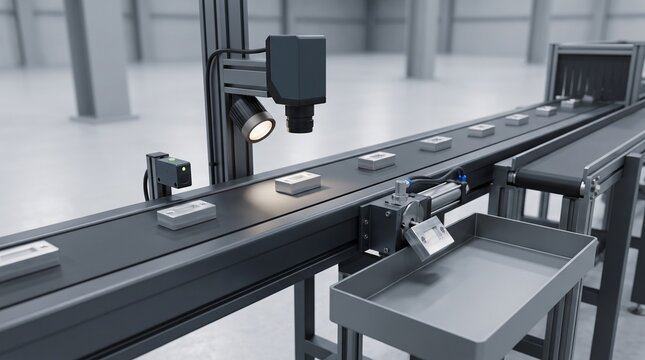 Automated Industrial Conveyor Belt with Robotic Sorting System and Package Inspection in Modern Warehouse Factory