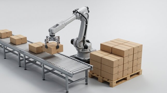 Industrial Robotic Arm Automating Cardboard Box Stacking on a Conveyor Belt for Warehouse Logistics and Manufacturing