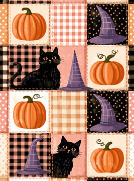 Acrylic painting halloween patchwork seamless pattern background with black cat, orange pumpkin, purple witch hat, and gingham plaid squares for autumn decor.