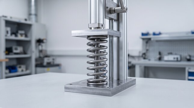 Industrial material testing equipment with heavy compression spring for beam deflection load measurement in a professional laboratory