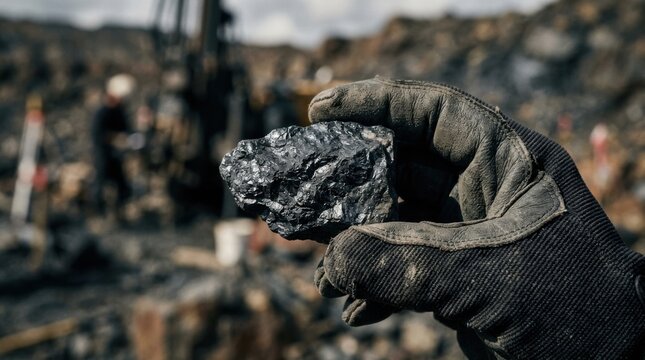 Geologist's gloved hand holds a raw uraninite ore sample with dark metallic luster at a uranium mining exploration site