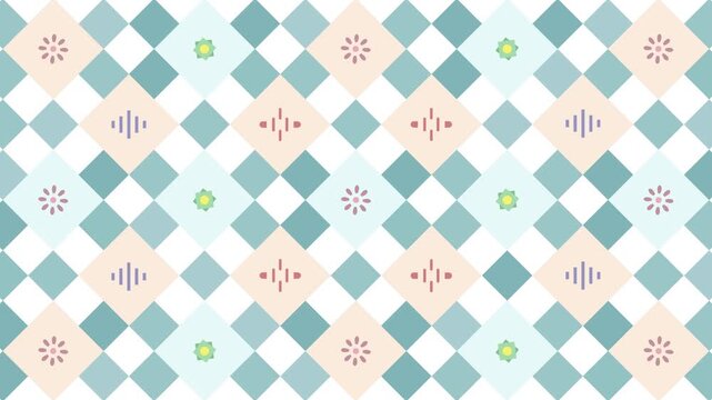 4K video animation of cute pastel pattern rotating on checkered diamond background, seamless background with flowers, repeated geometric chckered diamond motif video. Summer floral