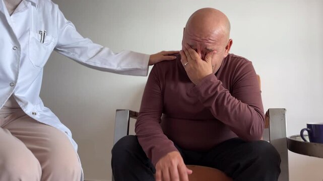Hombre llorando durante terapia mientras recibe apoyo de su terapeuta