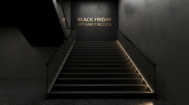 Dark staircase leading upwards toward a distant glowing neon sign