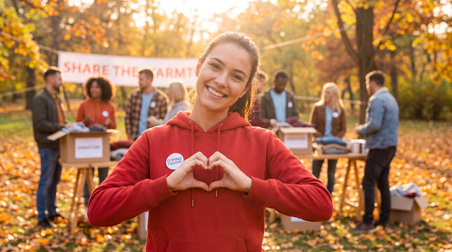 A volunteer in a red hoodie makes a heart gesture with both hands to spread kindness during a warm autumn Giving Tuesday community donation campaign for social media.