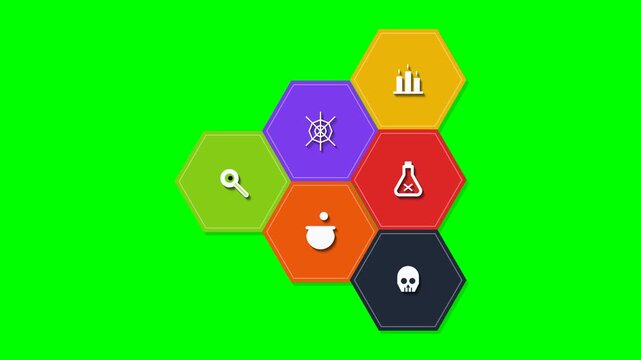 Colorful Hexagonal Game Interface with Magic Science and Navigation Icons on Green Background