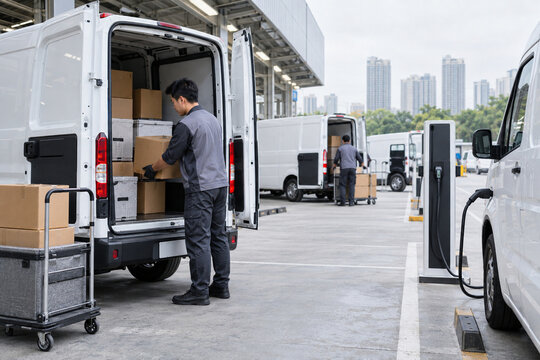Workers loading cargo into generic electric delivery vans at a city logistics depot in bright overcast daylight for commercial fleet concepts