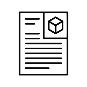 Black and white line art vector icon depicting a document page with text lines and a 3D cube illustration.