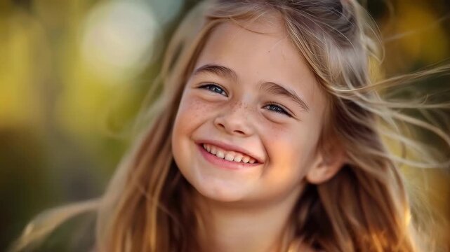 Close-up of a Happy Girl with Freckles and Blonde Hair Laughing Outdoors