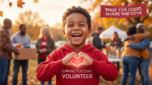 A bright 5-year-old child in a red volunteer hoodie cups a glowing red heart to share hope for Giving Tuesday autumn charity website marketing.