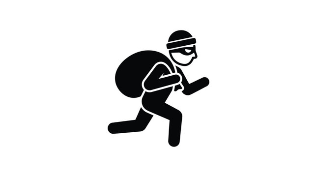 Thief running with stolen loot bag icon in solid vector style