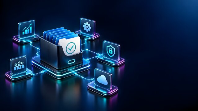 Digital data management system with connected icons for security cloud storage analytics and team collaboration presented in a futuristic neon glow.