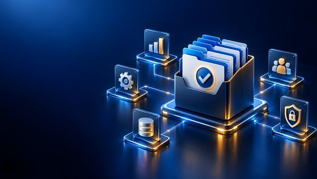 Digital data management system with interconnected icons for security user access settings database and analytics organized in a futuristic blue and gold interface.