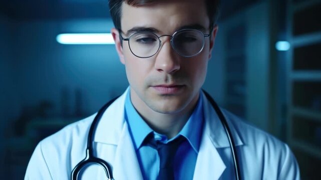 Serious Male Doctor with Glasses and Stethoscope in Hospital