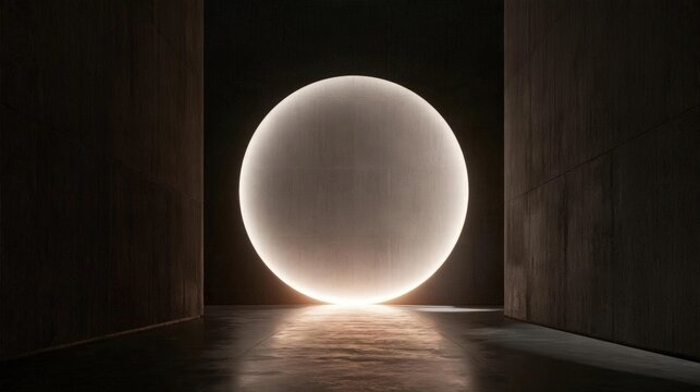 Large, circular light fixture in the middle of a dark room. the light is turned on, casting a warm glow on the floor and walls on either side of the room.