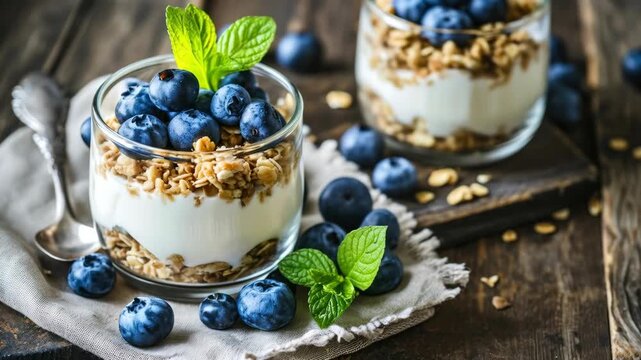 Yogurt and Granola Parfait with Fresh Blueberries and Mint in a Glass