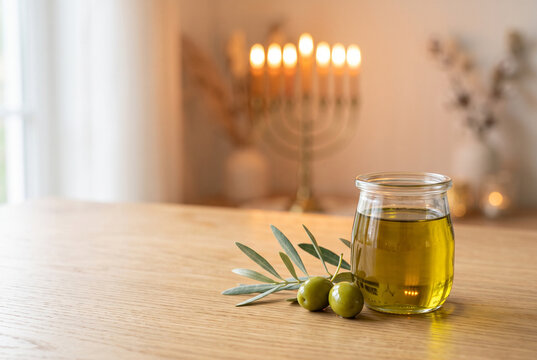 Olive oil in a jar with olives and menorah candles in the background  