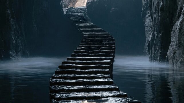 Long, narrow staircase made of stone steps leading up to the top of a cliff. the stairs are made of black stones and are surrounded by a body of water.