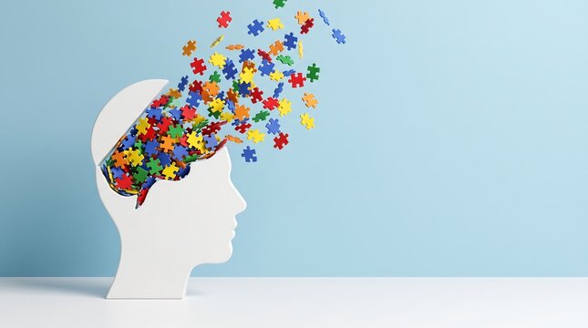 White head silhouette with colorful puzzle pieces scattering from the mind representing autism and mental health  