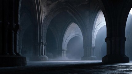 Fototapeta premium Dark and eerie scene of an old, abandoned building with arches and pillars. the arches are made of stone and are supported by columns on either side.