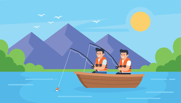 Two men in life jackets fishing from a small wooden boat on a calm lake with mountains and a bright sun background.