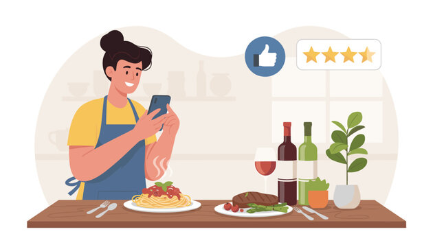 Young woman taking a photo of her pasta dinner and wine with a phone to write an online review in a restaurant.