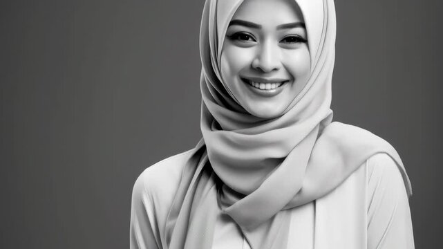 Portrait of a Smiling Woman Wearing a Hijab in Monochrome