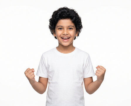 triumphant young indian school child making yes gesture with clenched fists celebrating success for elementary education advertising banner ad