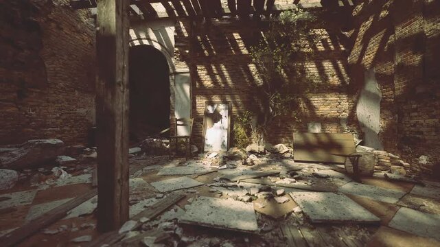 Moody ruined chapel with pale apparition, arched doorway and patterned shadows from broken roof, scattered debris and eerie silhouettes on tiled floor