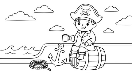 Fototapeta premium Cartoon pirate boy sitting on a barrel