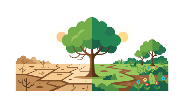 Comparative illustration shows a split view of a barren cracked desert versus a lush green forest to highlight the impact of climate change.