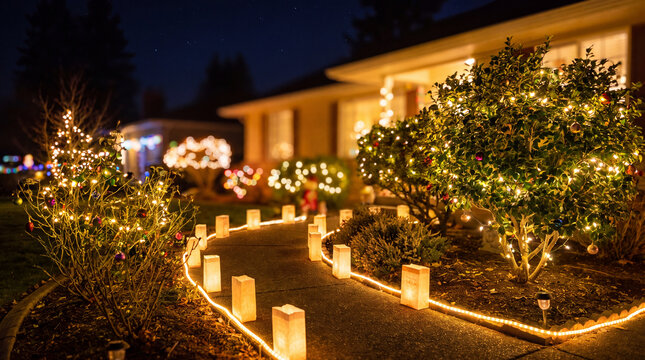 A front yard with an illuminated pathway, glowing luminaries, and decorated bushes creates a magical New Year welcome for social posts.