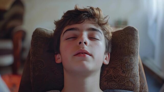 Close-up of a Young Man Sleeping Peacefully on a Patterned Pillow