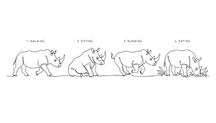Continuous Simple black line art drawing set of four rhino in white background. © vector