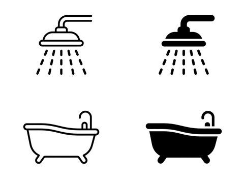 Bathroom shower head and bathtub vector icon design set with bathroom
