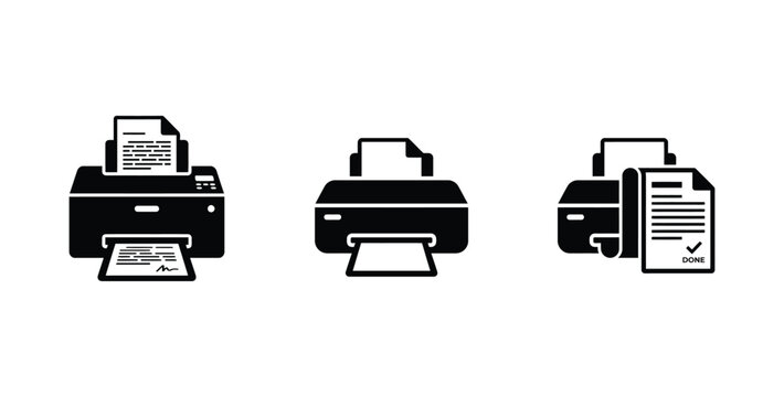 printer icons showing document printing process with done status isolated on transparent background
