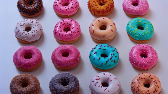 Top view of an assortment of colorful frosted donuts