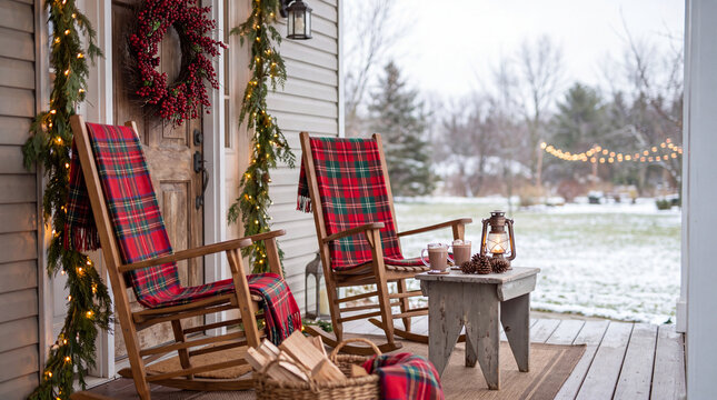 A charming front porch with rocking chairs, plaid blankets, a wreath, and cocoa creates a cozy New Year welcome for website marketing.