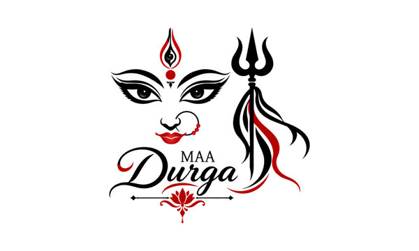 Maa durga face and trishul illustration for hindu durga puja festival with lotus decorative design