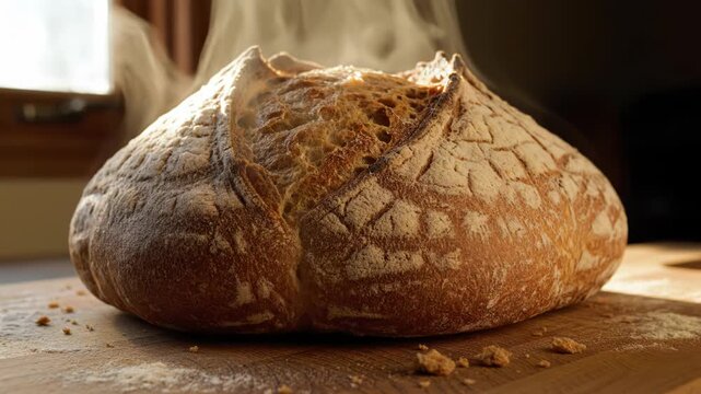 Freshly baked round artisan sourdough bread loaf with rising steam on a rustic wooden table, illuminated by warm natural window light highlighting the crusty texture and flour.